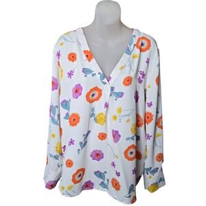Ann Taylor Womens Bloomcore Floral Top Size XL Ivory Career Office V Neck Shirt